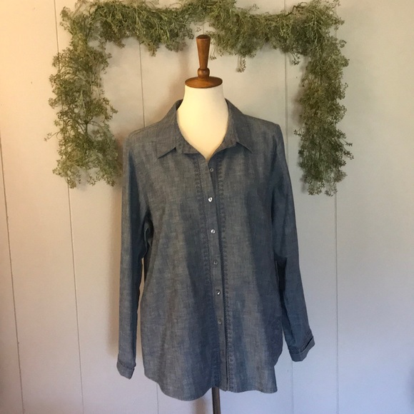 J. Jill Tops - J.JILL Chambray Embroidery Button Up Blouse